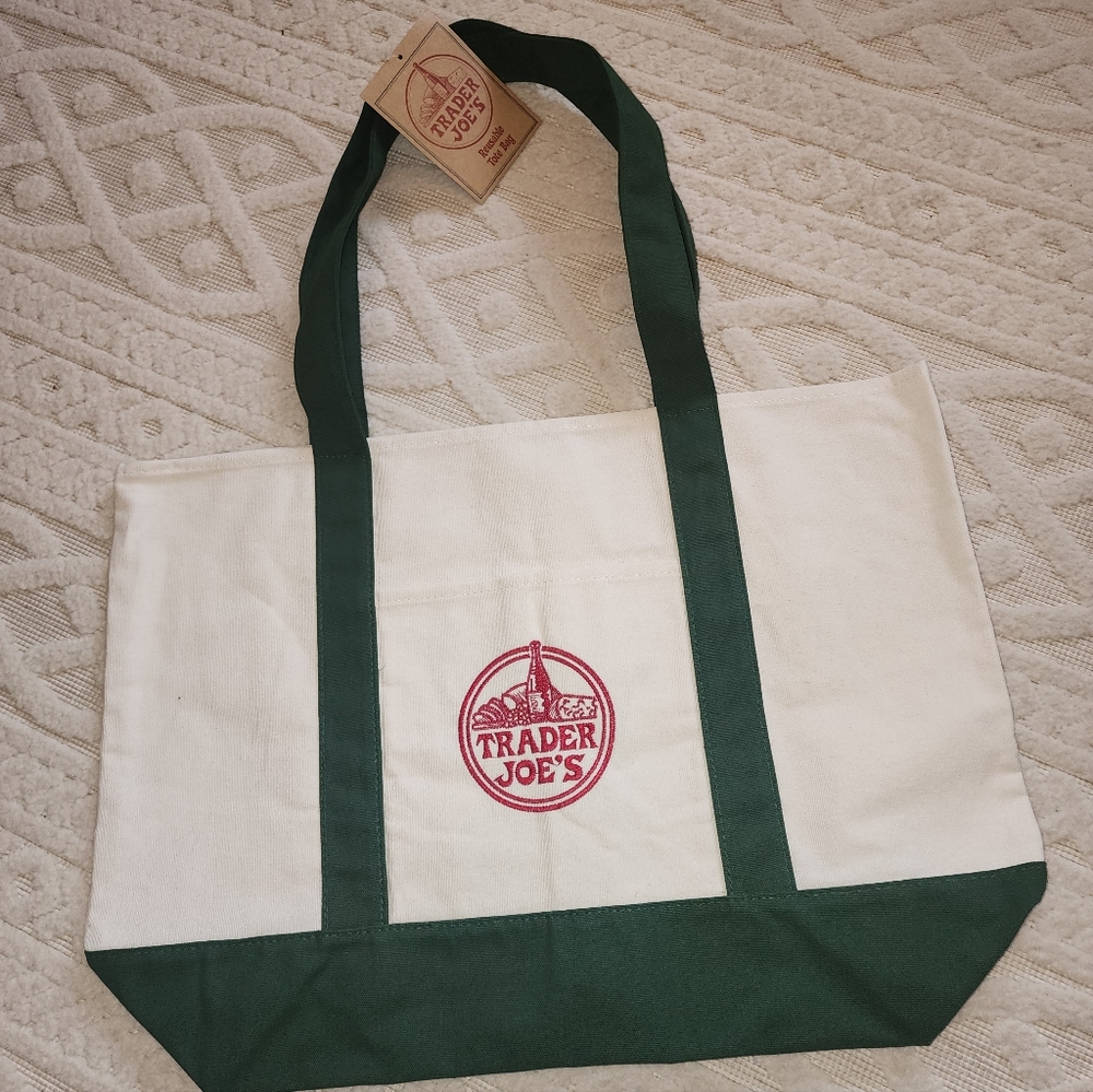 NWT Trader Joe's Green and White Canvas Tote - Picture 3 of 4